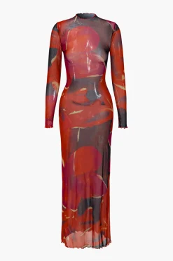 Mesh Long Sleeve Scallop Edge Maxi Dress