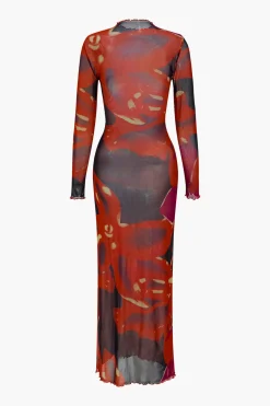 Mesh Long Sleeve Scallop Edge Maxi Dress