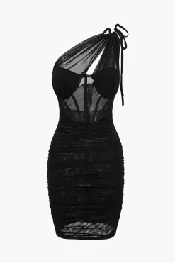 Mesh One Shoulder Corset Sleeveless Mini Dress