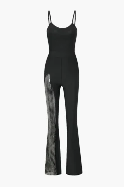 Mesh Panel Flared Leg Jumpsuit