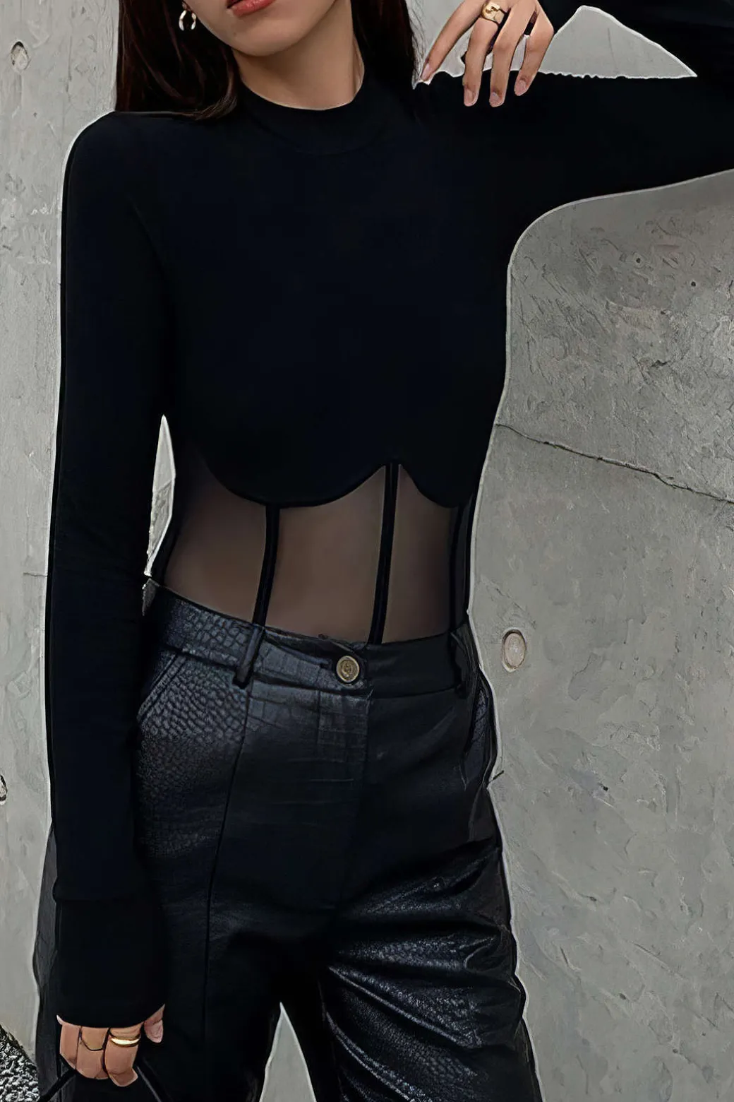 Mesh Patchwork Corset Round Neck Long-Sleeve Top