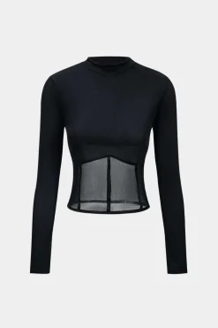 Mesh Patchwork Corset Round Neck Long-Sleeve Top