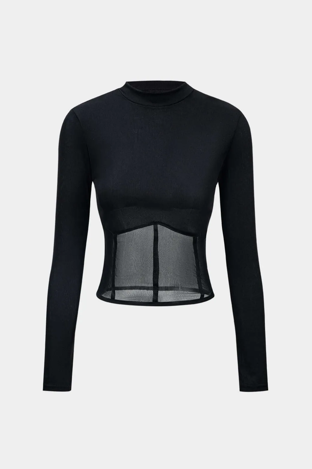 Mesh Patchwork Corset Round Neck Long-Sleeve Top