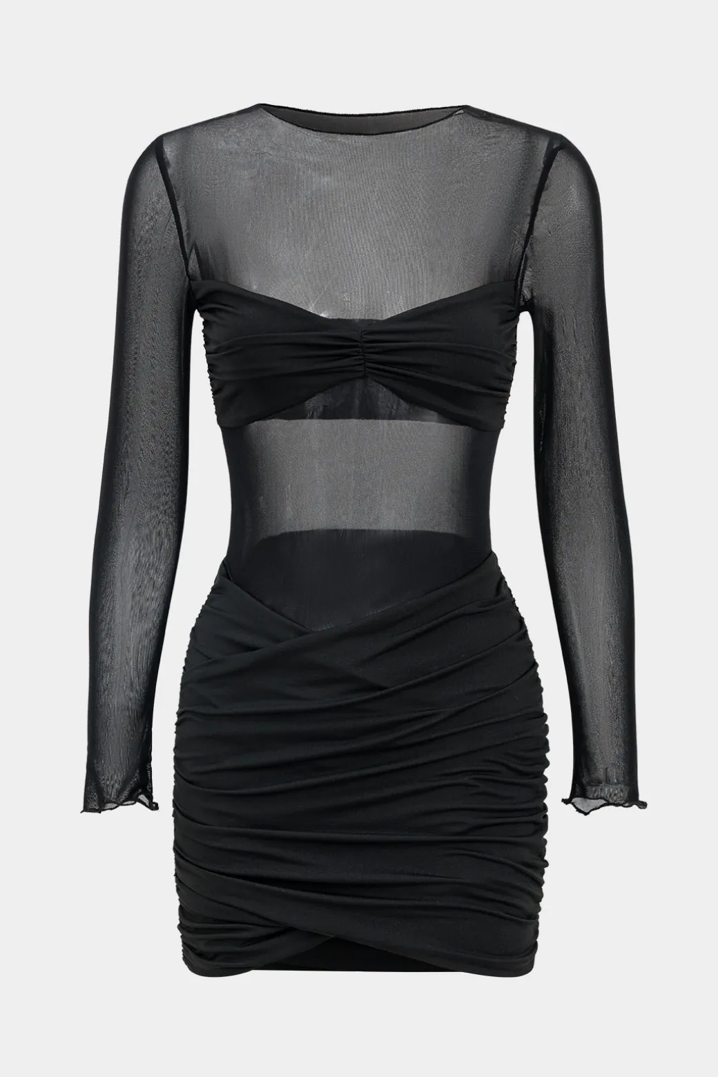 Mesh Patchwork Round Neck Long Sleeve Mini Dress