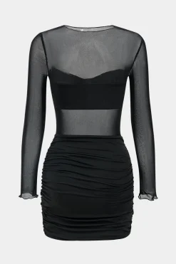 Mesh Patchwork Round Neck Long Sleeve Mini Dress