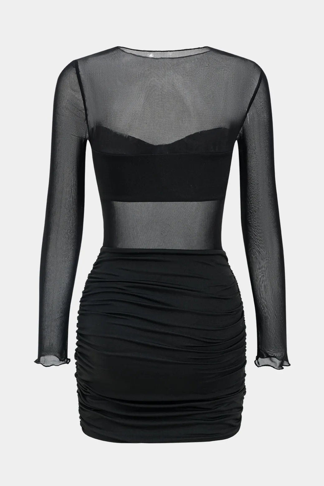 Mesh Patchwork Round Neck Long Sleeve Mini Dress