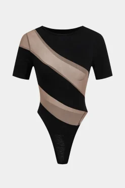 Mesh Patchwork Round Neck Short Sleeve Bodysuit