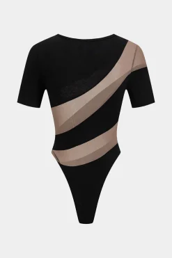 Mesh Patchwork Round Neck Short Sleeve Bodysuit