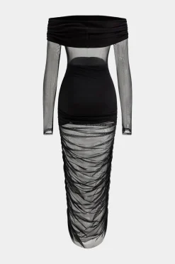Mesh Patchwork Ruched Off Shoulder Long Sleeve Maxi Dress