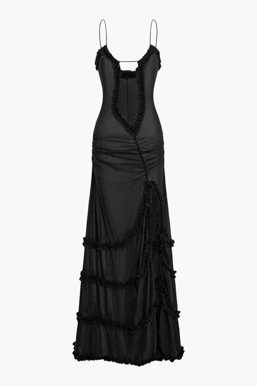 Mesh Ruched Layered Frill Slip Maxi Dress