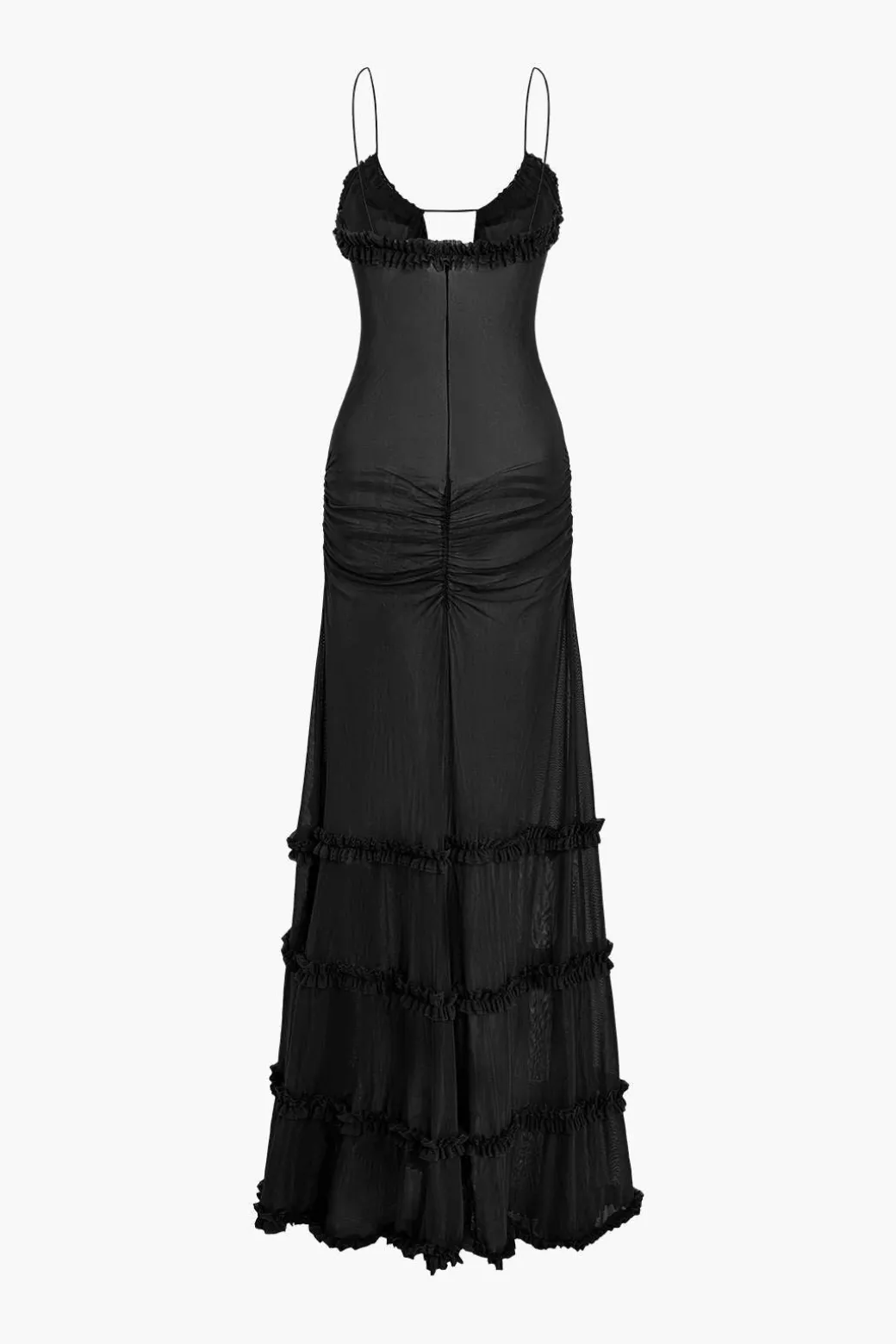 Mesh Ruched Layered Frill Slip Maxi Dress