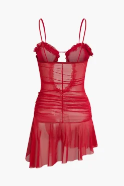 Mesh Ruched Ruffle Deep V-neck Slip Mini Dress