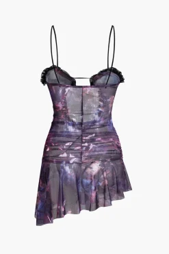Mesh Ruched Ruffle Deep V-neck Slip Mini Dress