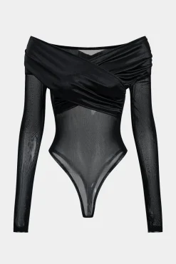 Mesh Satin Patchwork Sheer Long Sleeve Bodysuit