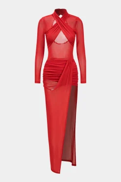 Mesh Sheer Crossed Long Sleeve Midi Dress