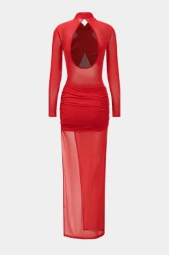 Mesh Sheer Crossed Long Sleeve Midi Dress