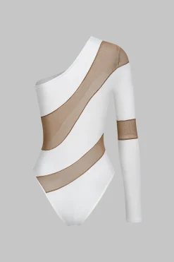 Mesh Sheer Patchwork One Shoulder Long Sleeve Bodysuit