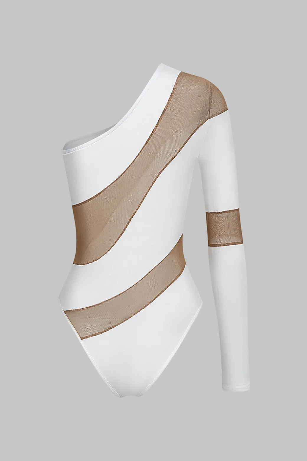 Mesh Sheer Patchwork One Shoulder Long Sleeve Bodysuit