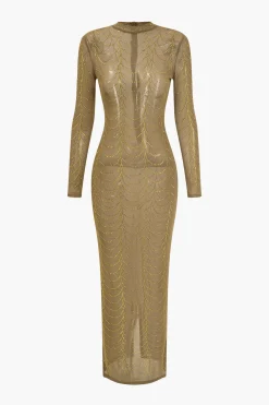 Mesh Sheer Rhinestone Maxi Dress