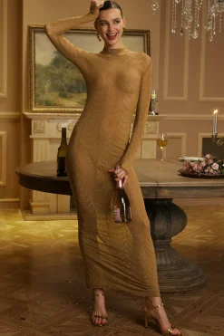 Mesh Sheer Rhinestone Maxi Dress
