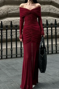 Mesh Sheer Ruched Off Shoulder Long Sleeve Maxi Dress