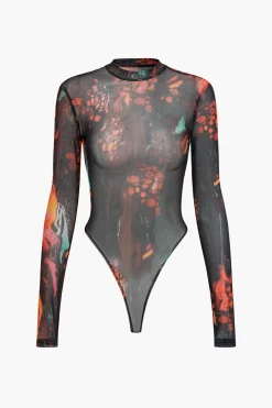 Mesh Tie Dye Print Long Sleeve Bodysuit
