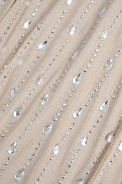 Mesh Zipper Rhinestone Maxi Dress With Gloves