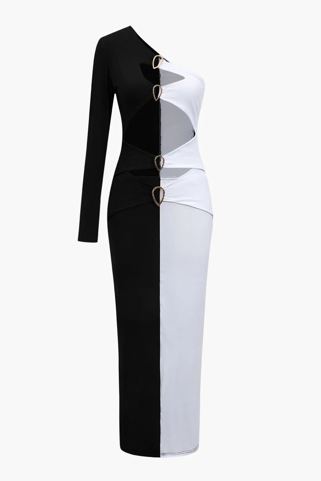 Metal Buckle One Shoulder Patchwork Long Sleeve Midi Dress