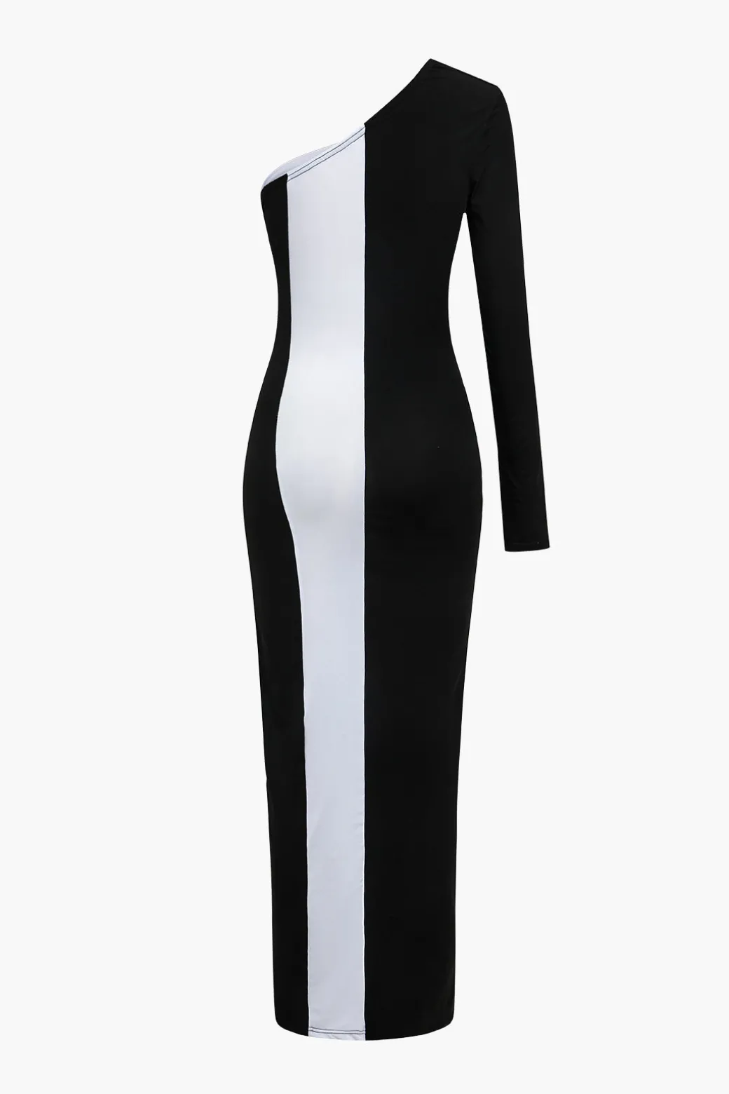 Metal Buckle One Shoulder Patchwork Long Sleeve Midi Dress