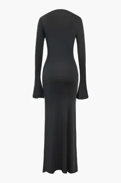 Metal Detail Ruched Long Sleeve Midi Dress