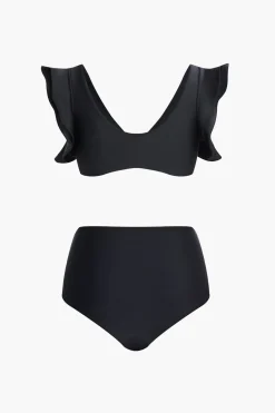 Metal Flower Decor Ruffle Bikini Set