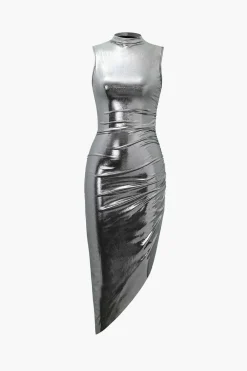 Metallic Asymmetric Hem Sleeveless Midi Dress