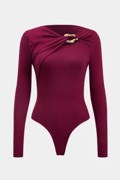 Metallic Asymmetrical Ruched Long Sleeve Bodysuit