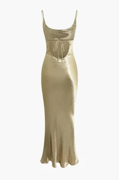 Metallic Backless Slip Mermaid Cowl Neck Maxi Dress
