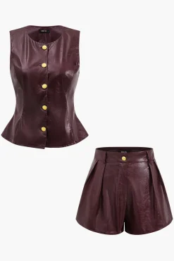 Metallic Button Faux Leather Shorts Set
