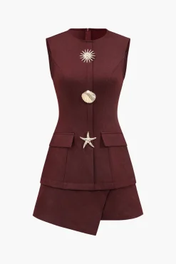 Metallic Button Sleeveless Round Neck Mini Dress