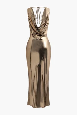 Metallic Cowl Neck Tie Backless Sleeveless Maxi Dress