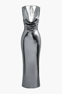 Metallic Cowl Neck Tie Backless Sleeveless Maxi Dress