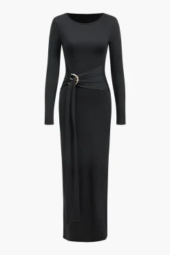 Metallic Detail Tie-Up Long Sleeve Maxi Dress