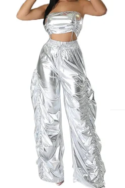 Metallic Drawstring Tube Top And Gathered Wide Leg Pants