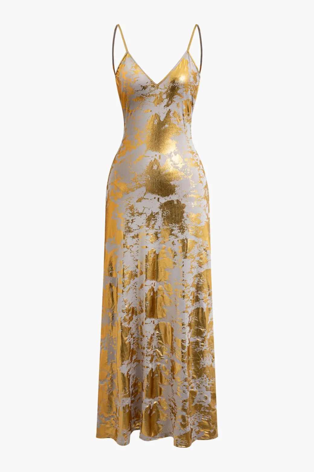 Metallic Print V-neck Backless Slip Maxi Dress