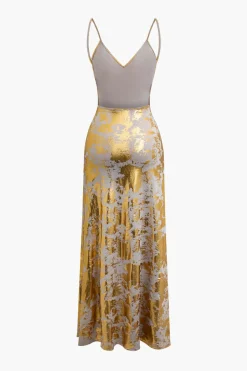 Metallic Print V-neck Backless Slip Maxi Dress