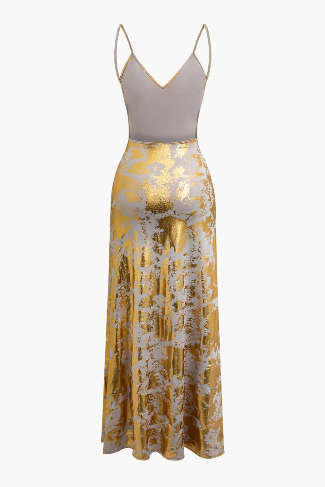 Metallic Print V-neck Backless Slip Maxi Dress