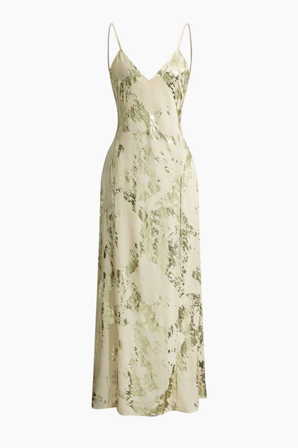 Metallic Print V-neck Backless Slip Maxi Dress