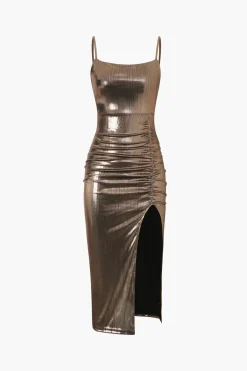 Metallic Ruched Slit Midi Dress