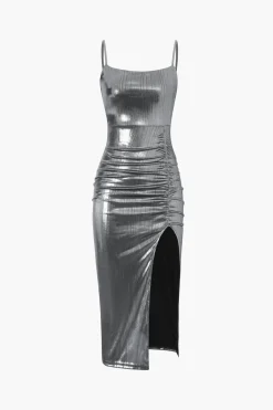 Metallic Ruched Slit Midi Dress