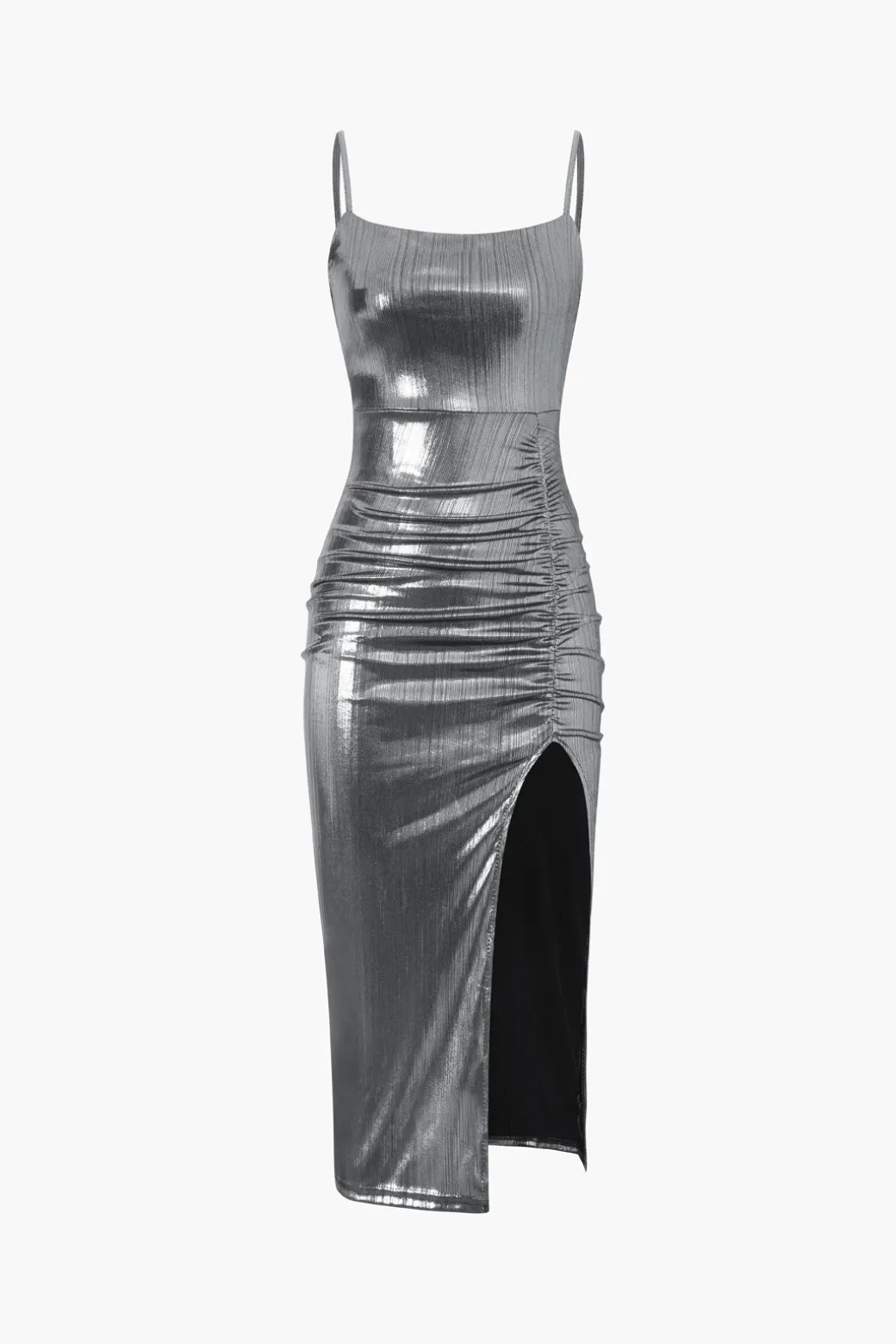 Metallic Ruched Slit Midi Dress