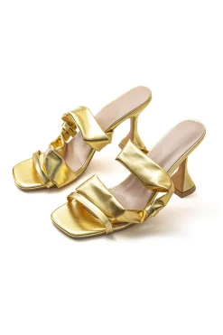 Metallic Ruched Square-toe High Heels Sandals