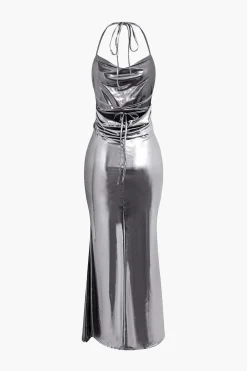 Metallic Tie Halter Cowl Neck Backless Maxi Dress