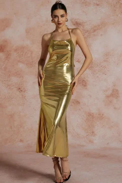 Metallic Tie Halter Cowl Neck Backless Maxi Dress